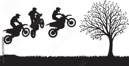 Motocross silhouette jump, dirt bike riders mid-air, extreme sport action, outdoor adventure, stunt performance, thrill ride, nature contrast, dynamic scene