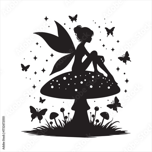 Fairy sitting on mushroom with fireflies vector silhouette clip art logo design concept illustration