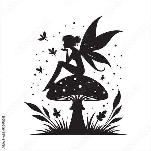 Fairy sitting on mushroom with fireflies vector silhouette clip art logo design concept illustration