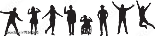 Inclusive human silhouettes, diverse poses, wheelchair user, expressive gestures, individuality, freedom concept, lifestyle diversity, minimal art, social representation, unity