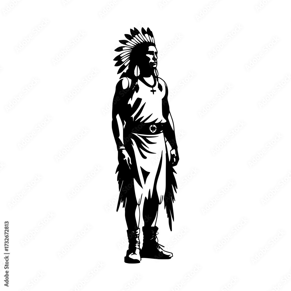 Obraz premium Native American silhouette wearing traditional feather headdress and attire during a cultural celebration