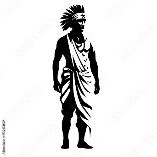 Native American silhouette wearing traditional feather headdress and attire during a cultural celebration