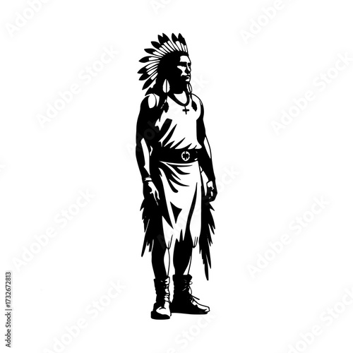 Native American silhouette wearing traditional feather headdress and attire during a cultural celebration