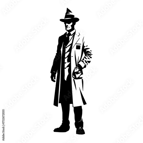 Mysterious figure in a trench coat standing confidently in a vintage detective style