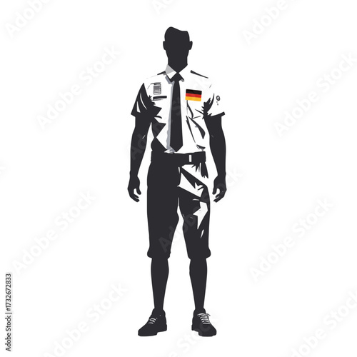 Uniformed individual standing confidently in a summer setting with a focus on authority and readiness