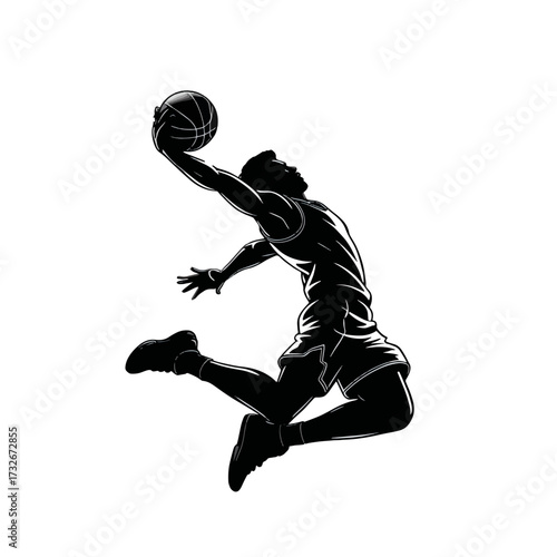 Athlete performs a slam dunk in mid-air during a basketball game at a local gym in the evening