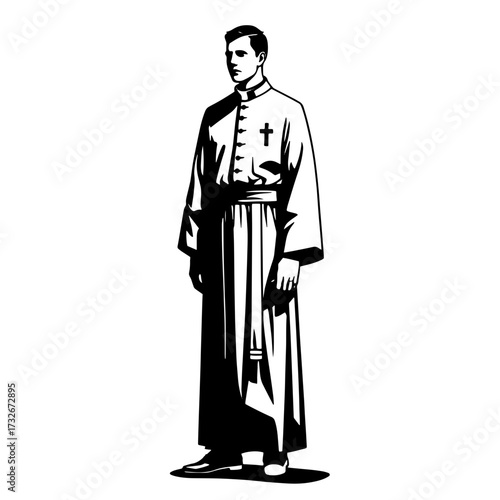 Man in black religious robe standing in a solemn pose, symbolizing faith and spirituality in a modern context