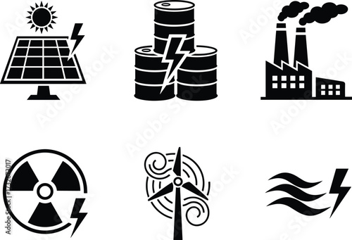 Renewable energy icons set, solar panel power symbol, nuclear energy design, wind turbine electricity, fossil fuel factory pollution, alternative eco sources illustration