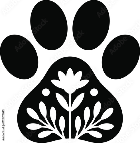 Abstract paw print with floral decoration vector silhouette isolated in black and white