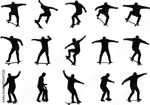 Skateboarder silhouette collection with multiple poses and tricks, extreme sport vector design for urban culture, lifestyle artwork, youth street activity illustration