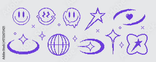 Pixel y2k retro icons set. Abstract vector elements in vaporwave acid style. Geometric sticker shapes in pixel art style. Digital brutalist techno glitch bitmap symbols collection. Isolated