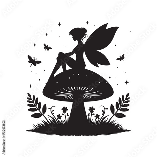 Fairy sitting on mushroom with fireflies vector silhouette clip art logo design concept illustration