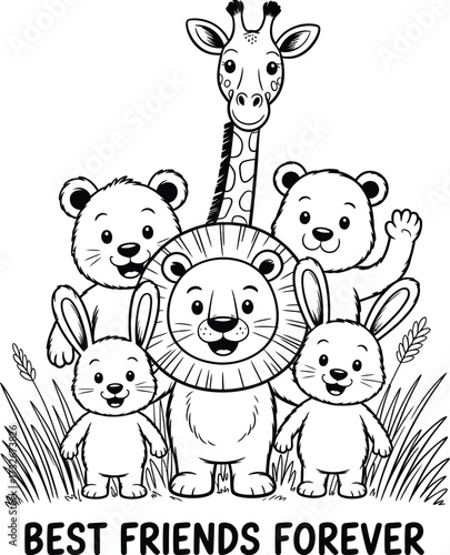 Black and white line drawing of friendly cartoon animals including giraffe, lion, bear, and rabbits with "Best Friends Forever" text in grassy field