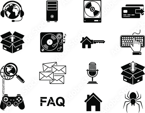 Technology and communication icons set, internet, email, microphone, computer, credit card, server, gaming, multimedia, web search, vector pack