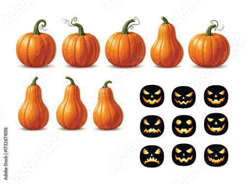 Halloween pumpkins: a collection of pumpkins, each with a unique shape and design, and grinning jack-o'-lanterns. A spooky and festive display!