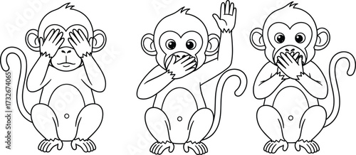 Three wise monkeys cartoon illustration, see no evil, hear no evil, speak no evil, cute animal vector, moral philosophy symbol