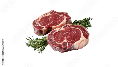 Two fresh. marbled ribeye steaks placed on a clean white background. surrounded by sprigs of rosemary. their rich color and texture. ideal for culinary presentations or recipe illustrations