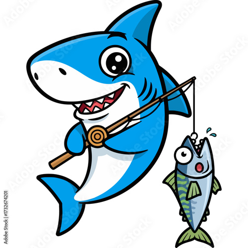 A funny cartoon shark character catches a surprised fish while fishing. This cute and humorous vector illustration is perfect for children's books, t-shirt designs, and playful branding.