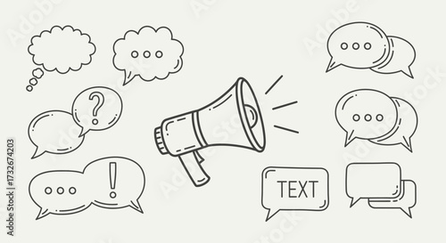 Hand-drawn illustration featuring a megaphone with various speech bubbles for communication