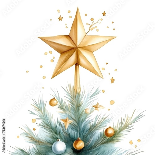 Watercolor christmas tree with gold star and ornaments on white background