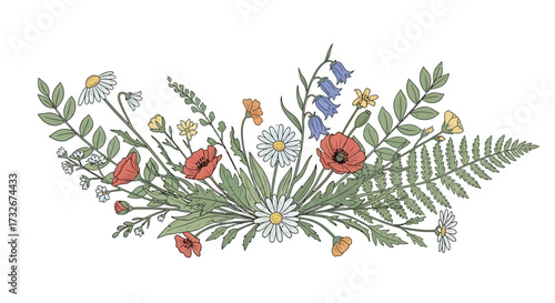 Elegant floral arrangement illustration featuring wildflowers and ferns, perfect for designs