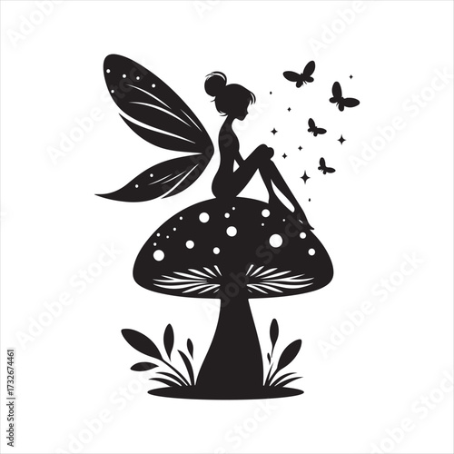 Fairy sitting on mushroom with fireflies vector silhouette clip art logo design concept illustration