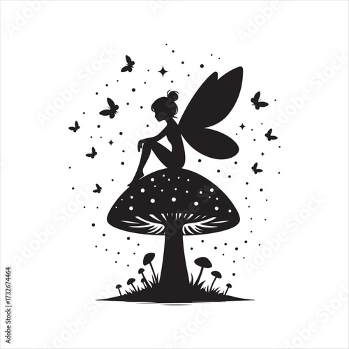 Fairy sitting on mushroom with fireflies vector silhouette clip art logo design concept illustration