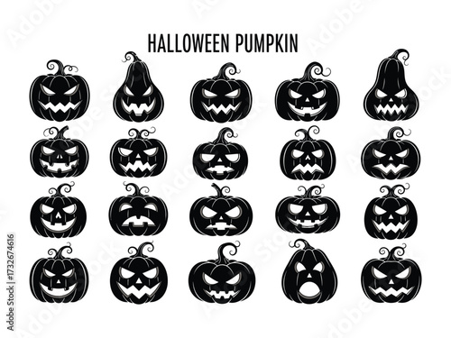 Spooky Pumpkin Collection: A compilation of carved pumpkin illustrations featuring diverse scary faces, ready to add a touch of spooky seasonal aesthetics. 