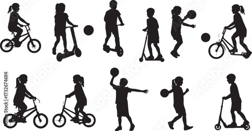  Children silhouettes in outdoor play, biking, scootering, ball games, hoverboard fun, active lifestyle, joyful motion, minimal art, recreation, energy
