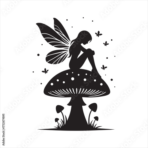 Fairy sitting on mushroom with fireflies vector silhouette clip art logo design concept illustration
