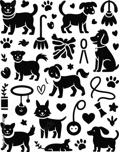 Cute doodle style pattern of pets and accessories vector silhouette isolated in black and white