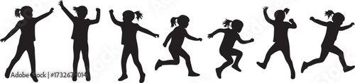 Children silhouettes jumping and running, playful motion, ponytail girls, energetic activity, childhood fun, dynamic movement, minimal art, outdoor lifestyle, joy