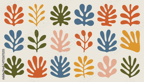 Abstract botanical shapes in warm earth tones, a collection of stylized plant motifs in a repeating pattern, modern organic design