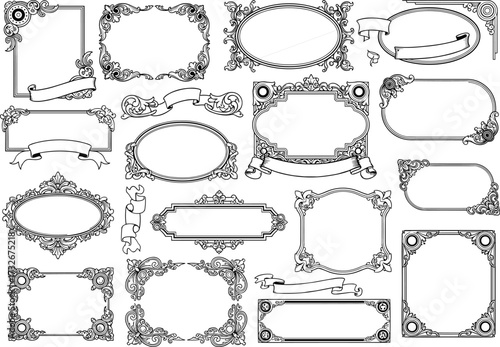 Vintage ornamental frame collection, decorative border set, retro label design, floral flourish vector template, classic style frame art, elegant antique decoration
