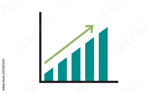 A bar graph showing an upward trend with a green arrow pointing upwards isolated on white background, representing growth and positive progress in business