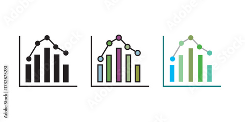 A set of three bar graphs showing trends with lines and circles isolated on white background, representing data analysis and statistical variations