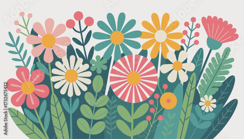 A vibrant and colorful illustration of a variety of blooming flowers and green leaves, set against a neutral background, evoking a sense of spring and natures beauty