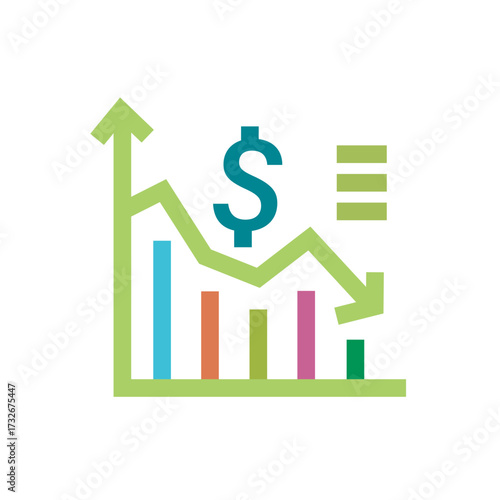Financial chart showing market trends with a dollar sign, indicating both growth and decline, isolated on white background suitable for business presentations