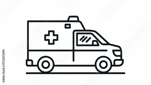 Wallpaper Mural Ambulance Line Art Illustration - An ambulance is illustrated in black line art on a white background. The emergency medical vehicle has a cross on the side and flashing lights on top. Torontodigital.ca
