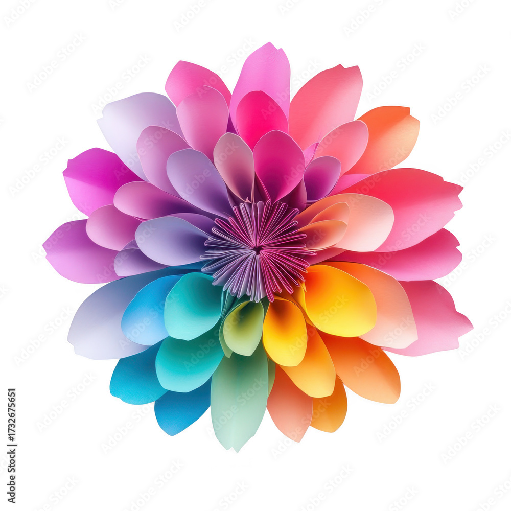 Fototapeta premium A and colorful paper flower made from layered petals in various shades of pink. purple. and blue. set against a clean white background. ideal for decorative use or artistic projects