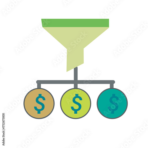 Sales funnel with dollar signs isolated on white background representing conversion, lead generation, marketing strategy, and revenue growth in business