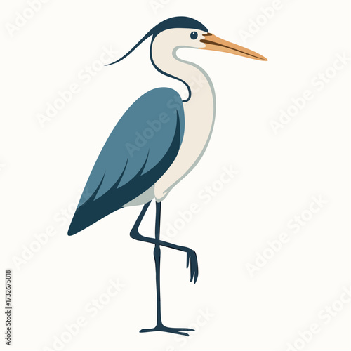 A detailed illustration of a majestic grey heron standing on one leg, a graceful avian creature with a long beak and elegant plumage