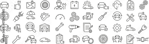 Automotive service icon set, black and white grid of car maintenance, diagnostics, tools, and repair symbols, cad drawing flat vector illustration