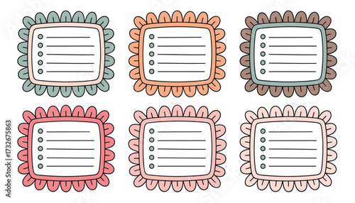 Set of six decorative todo list templates with bullet points and lines