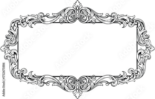 Vintage ornate rectangular frame illustration, decorative floral border, baroque ornamental design, blank template, elegant antique decoration, luxury retro artwork