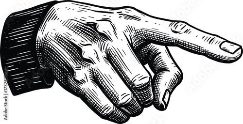 Vintage pointing hand illustration, retro finger direction drawing, antique engraving style artwork, black and white sketch, detailed human hand gesture