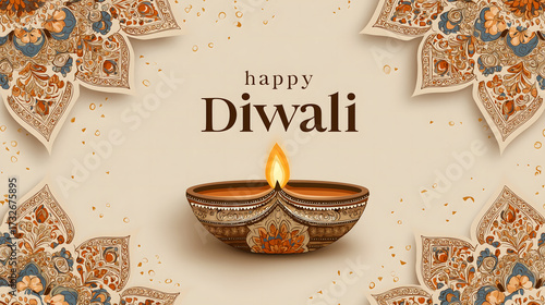 3D Paper Art Style Diya on Beige Background with Happy Diwali Wishes – Festival of Lights Illustration