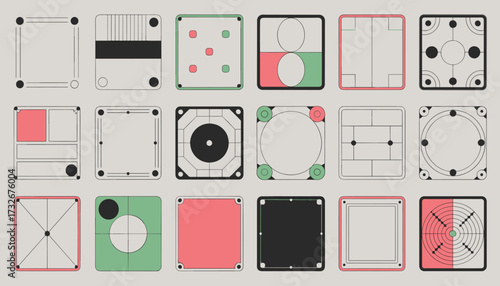 A collection of abstract geometric square icons with minimalist line art and subtle color accents, showcasing diverse patterns and designs