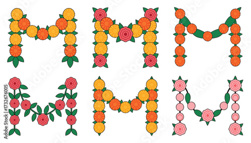 Collection of six decorative letter m designs made from colorful flowers and green leaves, isolated on a