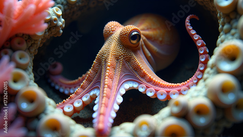 Hyper-realistic close-up of a common octopus in a rocky crevice